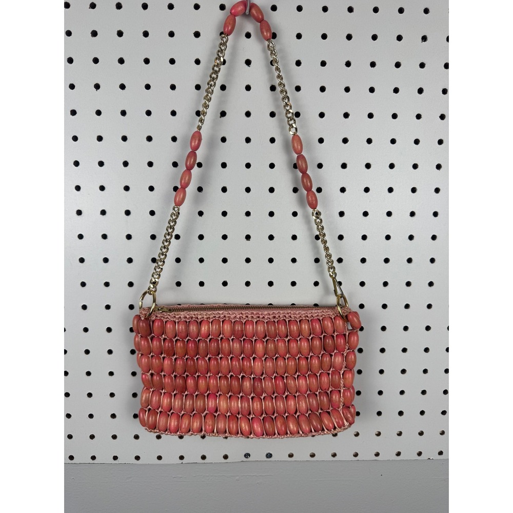 Vintage Pink Beaded Shoulder‎ Bag Made in Japan Woven Straw Wood Bead Purse